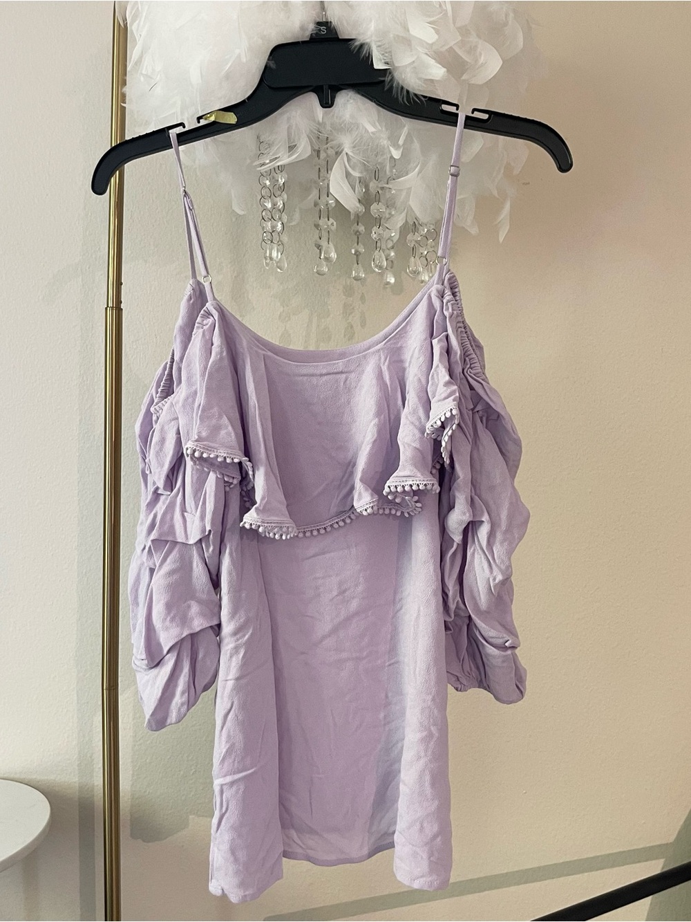 Cold shoulder lilac purple ruffled ruched sleeves romantic boho top